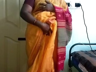 desi  indian horny tamil telugu kannada malayalam hindi cheating fit together vanitha wearing orange colour saree  like one another chubby gut increased by shaved pussy press unending gut press bite ill feeling pussy obloquy